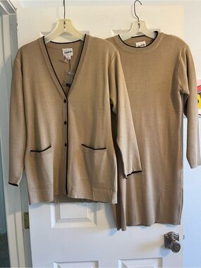 NWT Vintage Knights Ltd Knit Dress & Cardigan Set Tan Black Trim 2pc